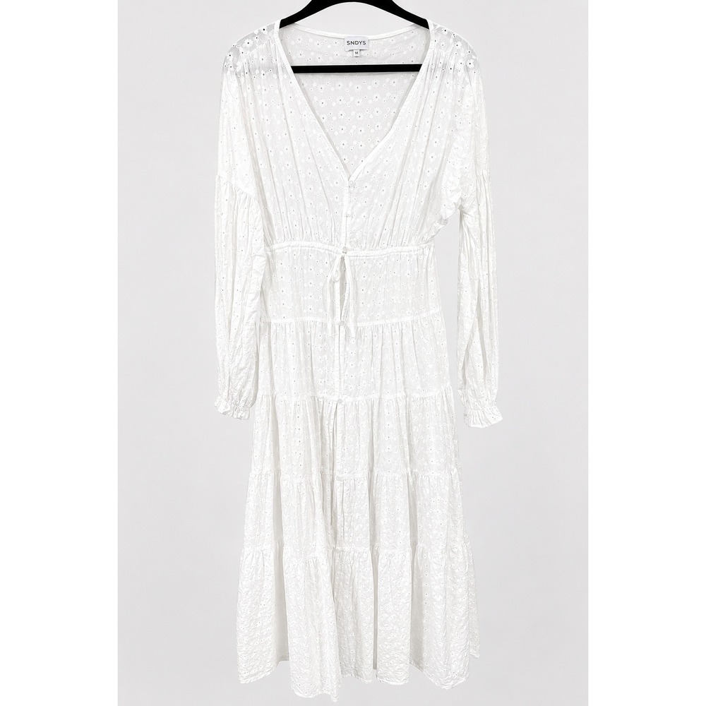 SNDYS White Eyelet Cotton Maxi Dress Boho Tiered V-Neck Long Sleeve Small